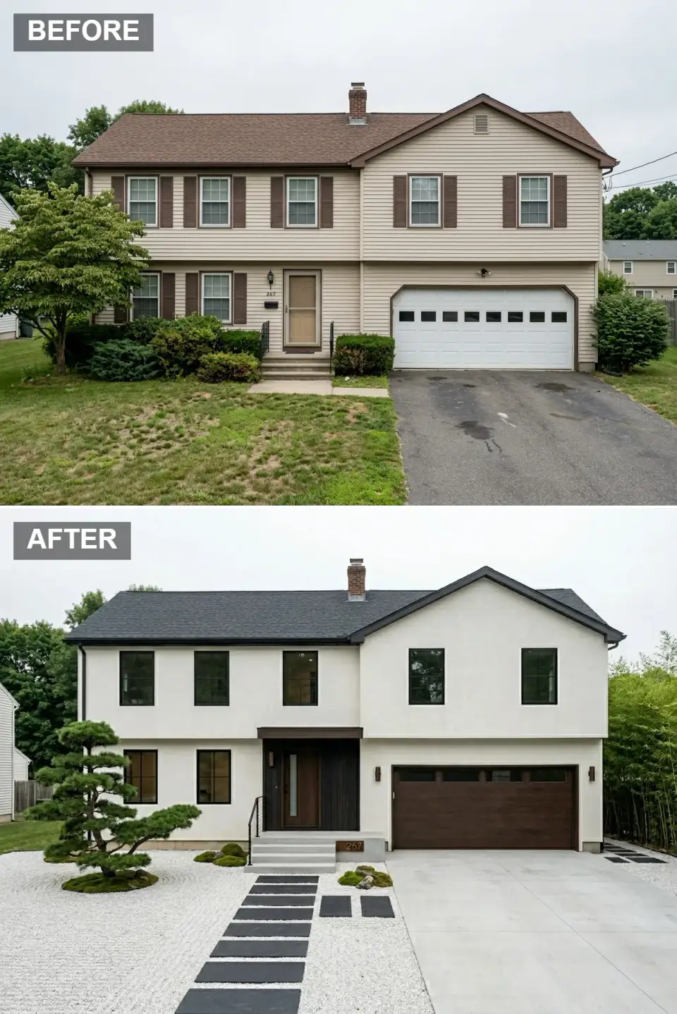 Zen minimalist compound Tudor exterior with pure white stucco planes, single dark wood slat wall at entry, matching deep wenge tone front door and garage door, white pea gravel raked in calming patterns, sculptural pine and dark bluestone stepping stones, bamboo screen at property line