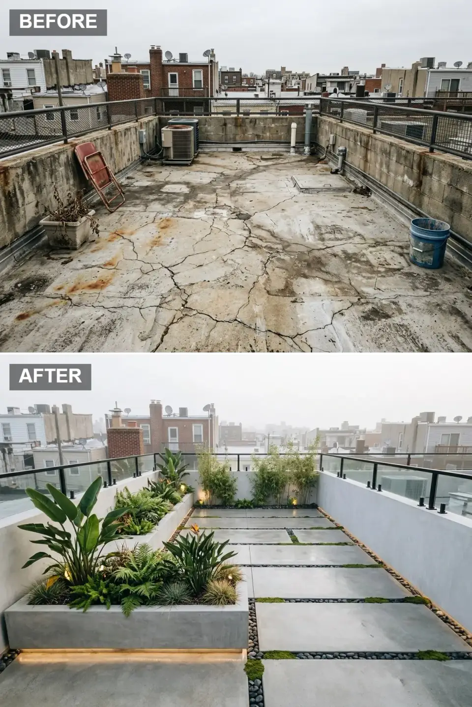 Rooftop terrace makeover with oversized charcoal pavers on a pedestal system, river rock and moss ribbons in between, perimeter cast-in-place concrete planter with bird of paradise and ferns, frameless glass railing with matte black posts, and low-voltage uplighting in the planting bed