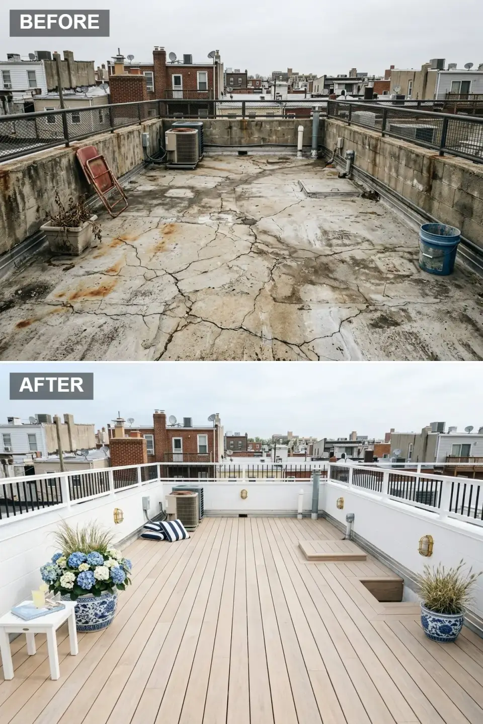 Hamptons-style rooftop terrace with bleached wood deck, white railings with vertical black balusters, nautical brass bulkhead sconces on white board-and-batten walls, oversized blue-and-white chinoiserie planters with hydrangeas, white side table, navy-striped floor pillows, and a casual bench over the mechanical unit