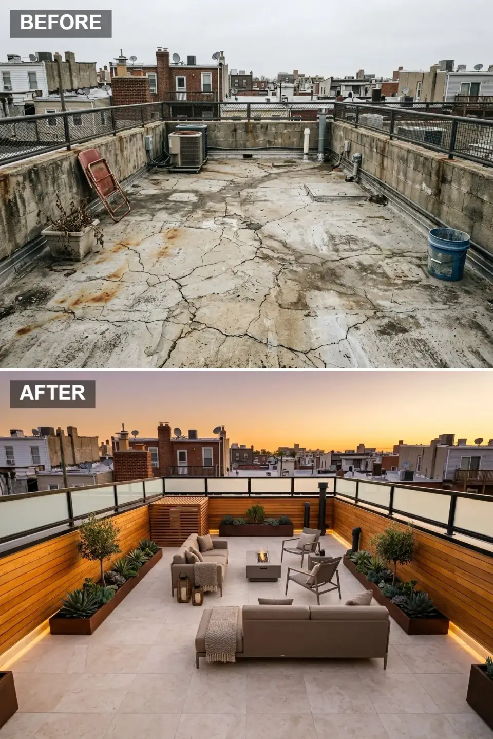 Five-star sky bar style rooftop with travertine-look tile flooring, honey cedar-clad walls, glass railing with black frames, two facing taupe sofas with sculptural armchairs around a linear gas fire pit, Corten steel planters with agave and olive standards, integrated base lighting, and hurricane lanterns
