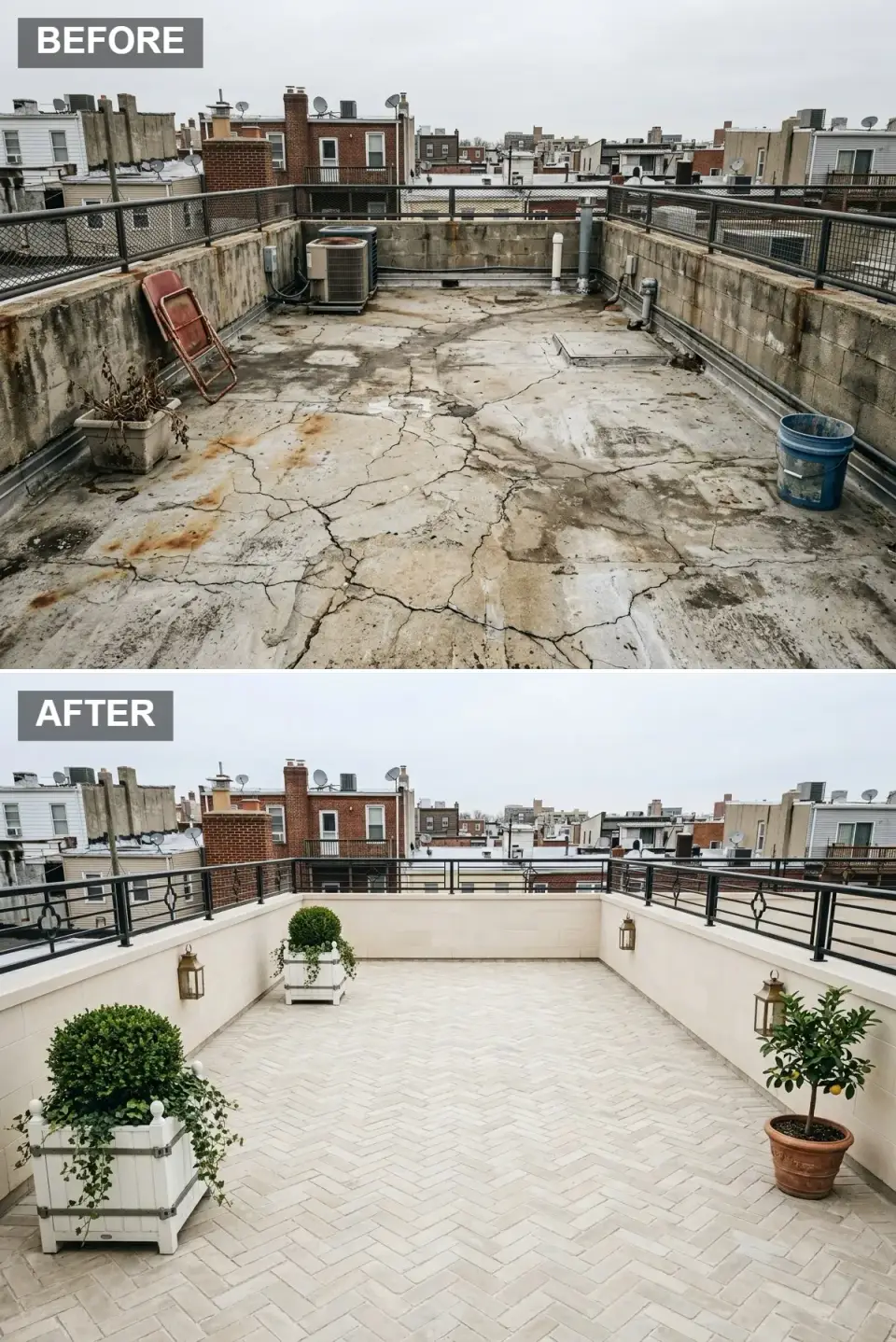 Formal Parisian-style rooftop terrace with limestone herringbone paving like interior parquet, smooth cream stucco walls, ornate black wrought iron railing, brass carriage lanterns, white Versailles planters with boxwood spheres and trailing ivy, and a potted lemon tree