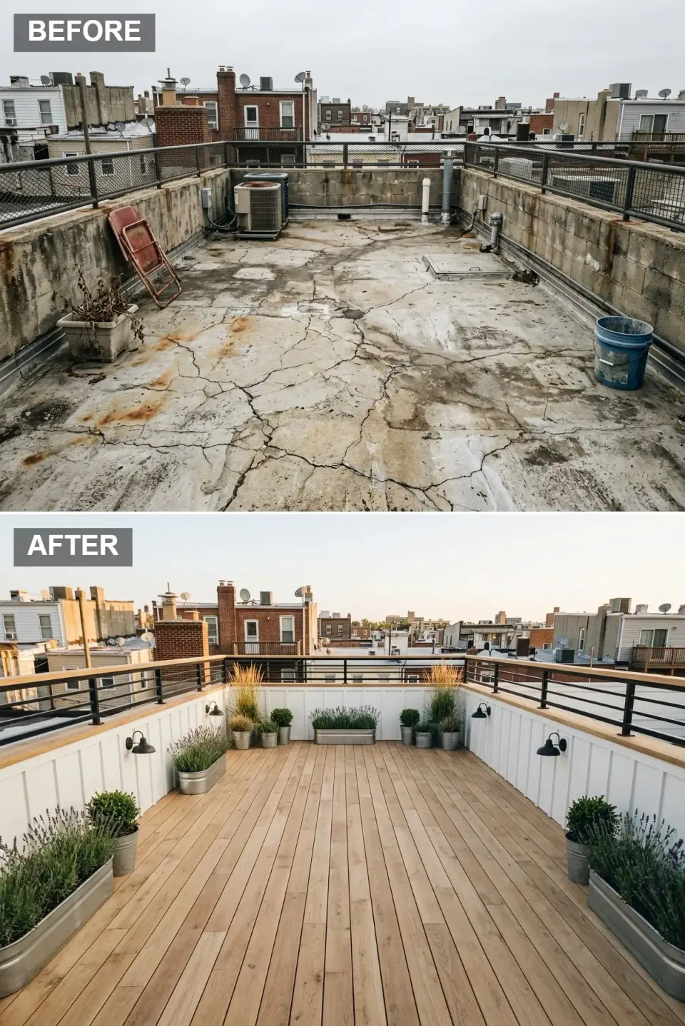 Rooftop terrace in coastal style with bleached cedar decking in clean runs, white beadboard wall cladding over cinder block, galvanized metal planters with lavender, boxwood and ornamental grasses, hybrid railing with matte black verticals and continuous wood handrail, and vintage barn sconces