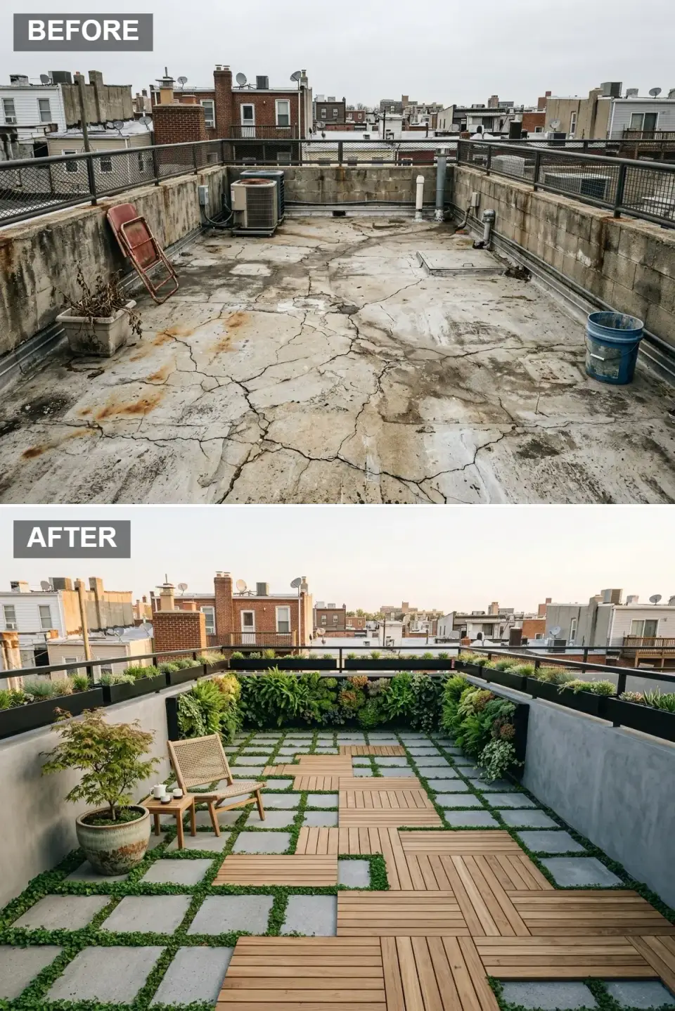 Modern Japanese rooftop terrace with checkerboard concrete pavers and ground cover, herringbone wood walkway, vertical living wall of ferns and ivy on the back wall, matte black aluminum railing with planter troughs, woven rope lounge chair, and a ceramic Japanese maple planter