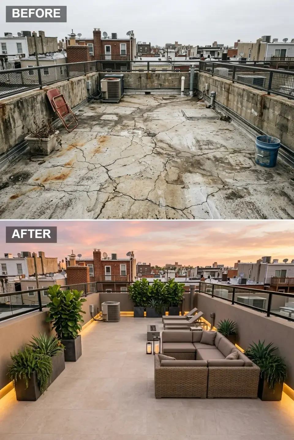 Resort-style rooftop lounge with large-format travertine-look porcelain pavers, warm stucco walls with cove lighting, glass and black metal railing, resort-grade wicker sectionals and adjustable chaises around a linear gas fire table, fiddle-leaf figs and agave in matte black planters