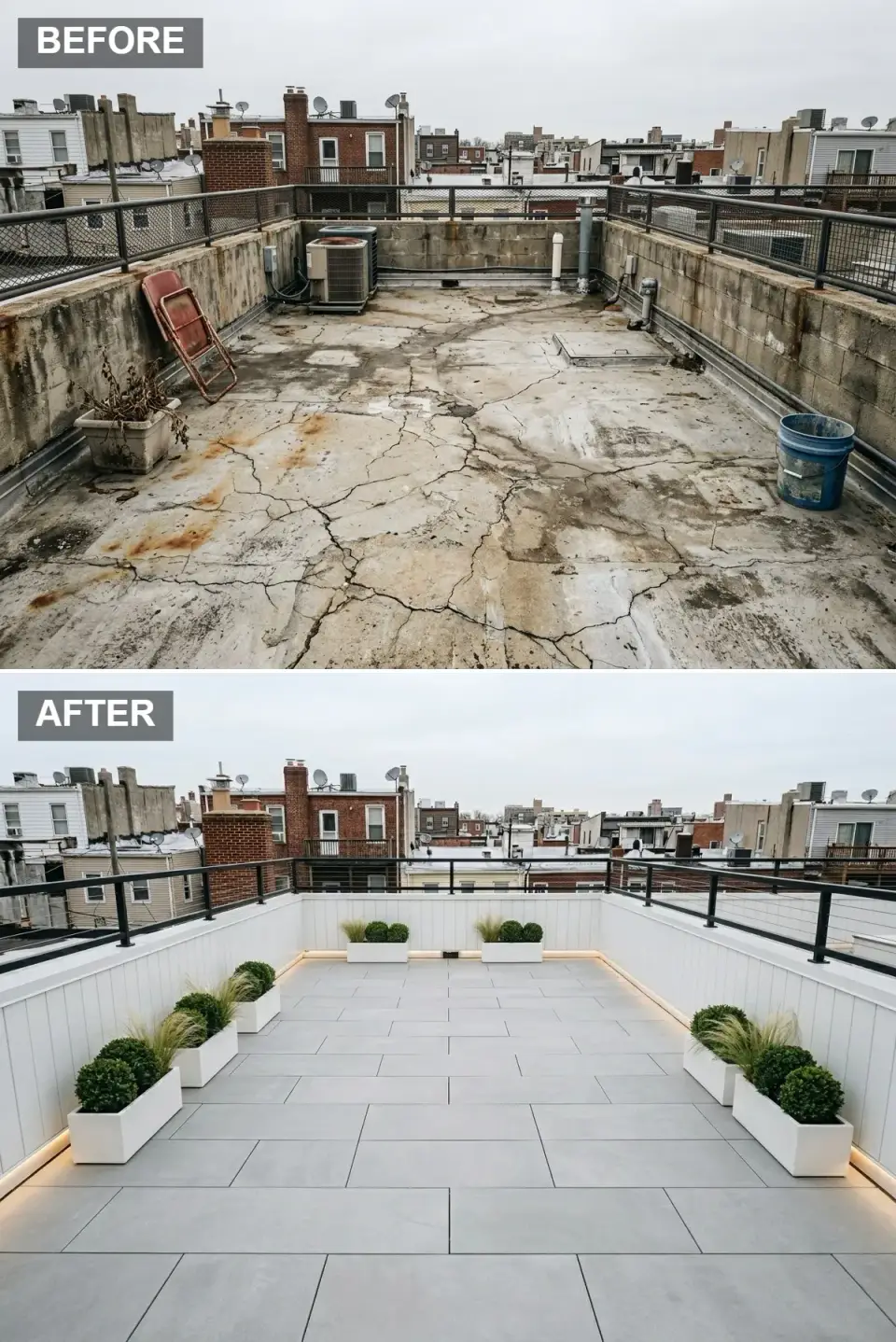 Minimalist rooftop terrace with large cool-gray porcelain tiles in stack bond, pure white painted walls with subtle vertical board detailing, simple black metal railing, white fiberglass planters with boxwood spheres and wispy grasses, and hidden perimeter lighting