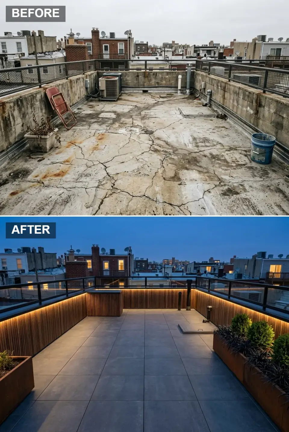Nordic-style rooftop terrace at twilight with dark gray stone tile floor, horizontal cedar slat walls glowing amber from concealed LED cove lighting, glass railing with black posts, Corten steel planters with boxwood and dark foliage, and a slatted wood bar at the far end