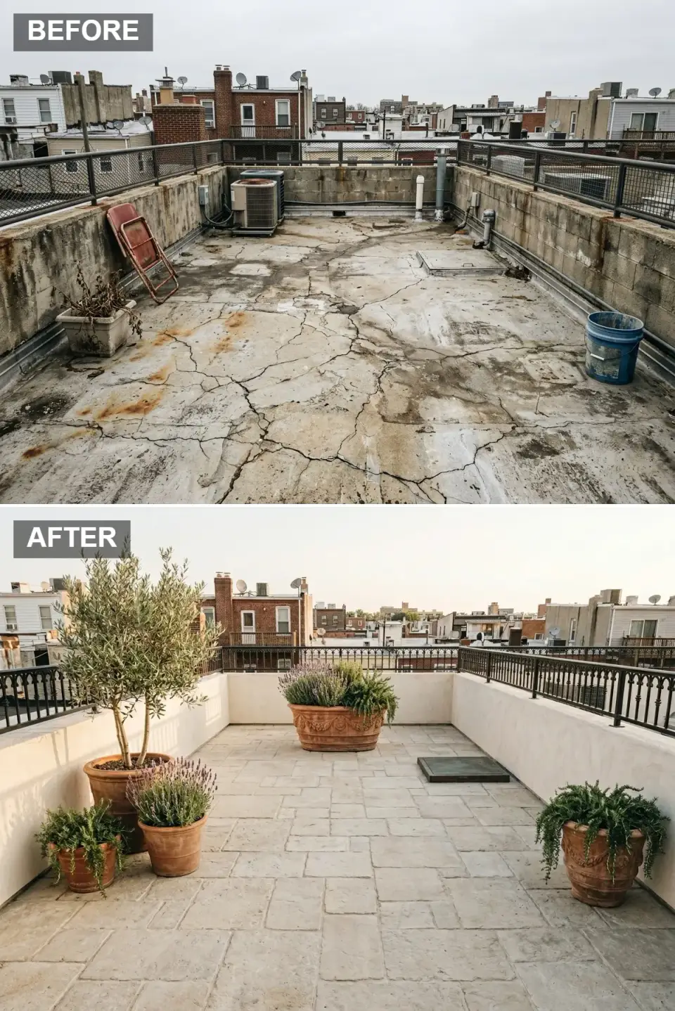 Mediterranean rooftop terrace with reclaimed-look limestone pavers in Roman pattern, warm white stucco rendered walls, wrought iron railing with vertical spindles, large terracotta vessels holding olive trees, lavender, ferns, and flowering herbs