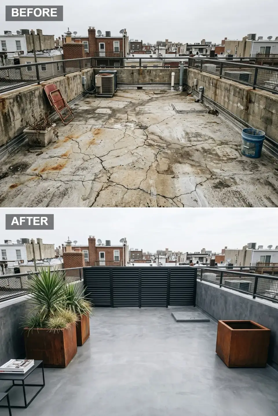 Brutalist industrial rooftop with polished gray microcement floor, gunmetal stucco walls, black powder-coated mesh railing, Corten steel planters with architectural yucca and grasses, and a minimalist black steel side table