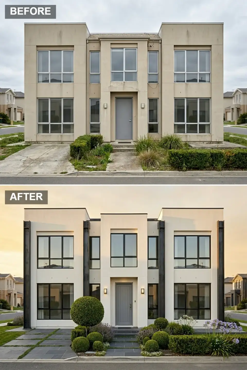 Modern white stucco villa facade with vertical black steel I-beam accents, black-framed windows, and a sphere topiary replacing dated beige Mediterranean stucco