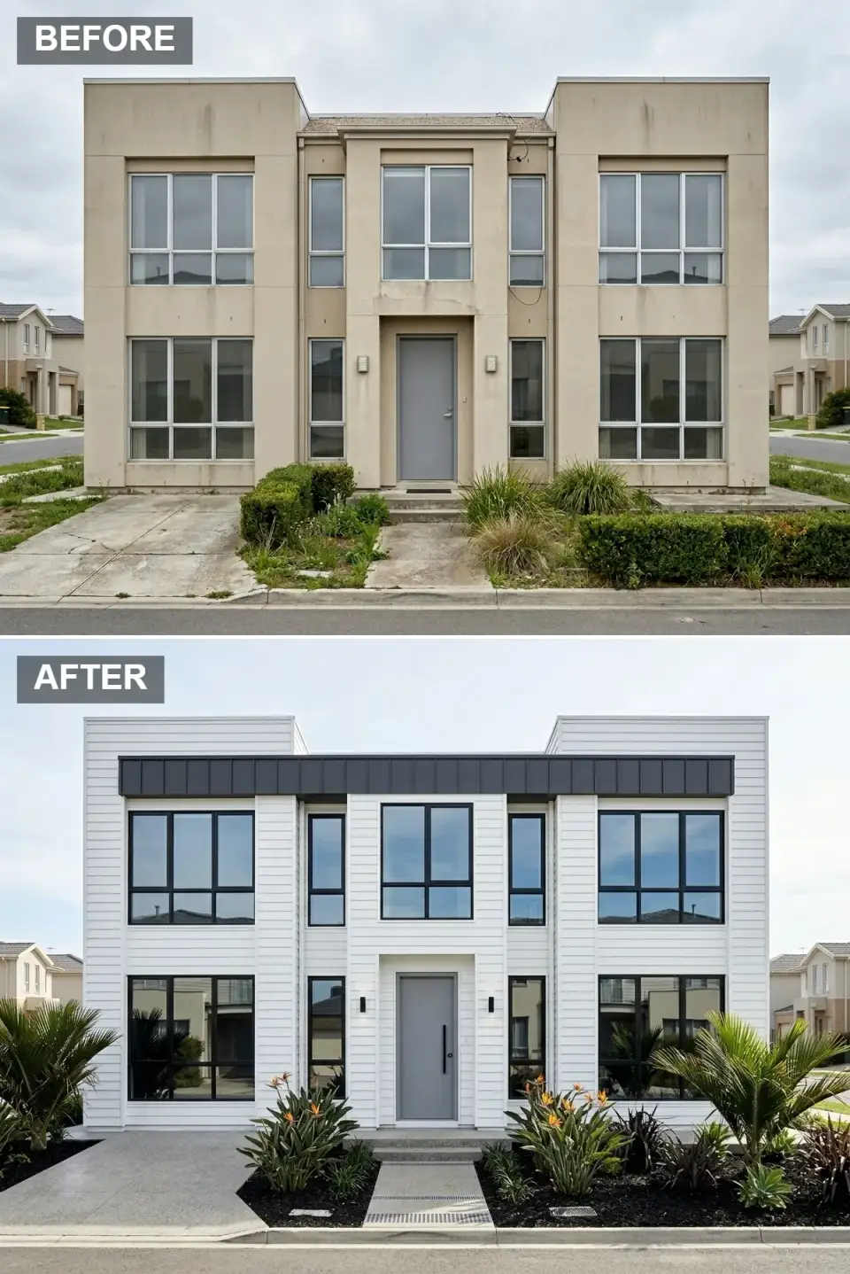 Coastal Hamptons villa facade in white horizontal shiplap siding with a dark charcoal metal roof band, black windows, and tropical cycad planting