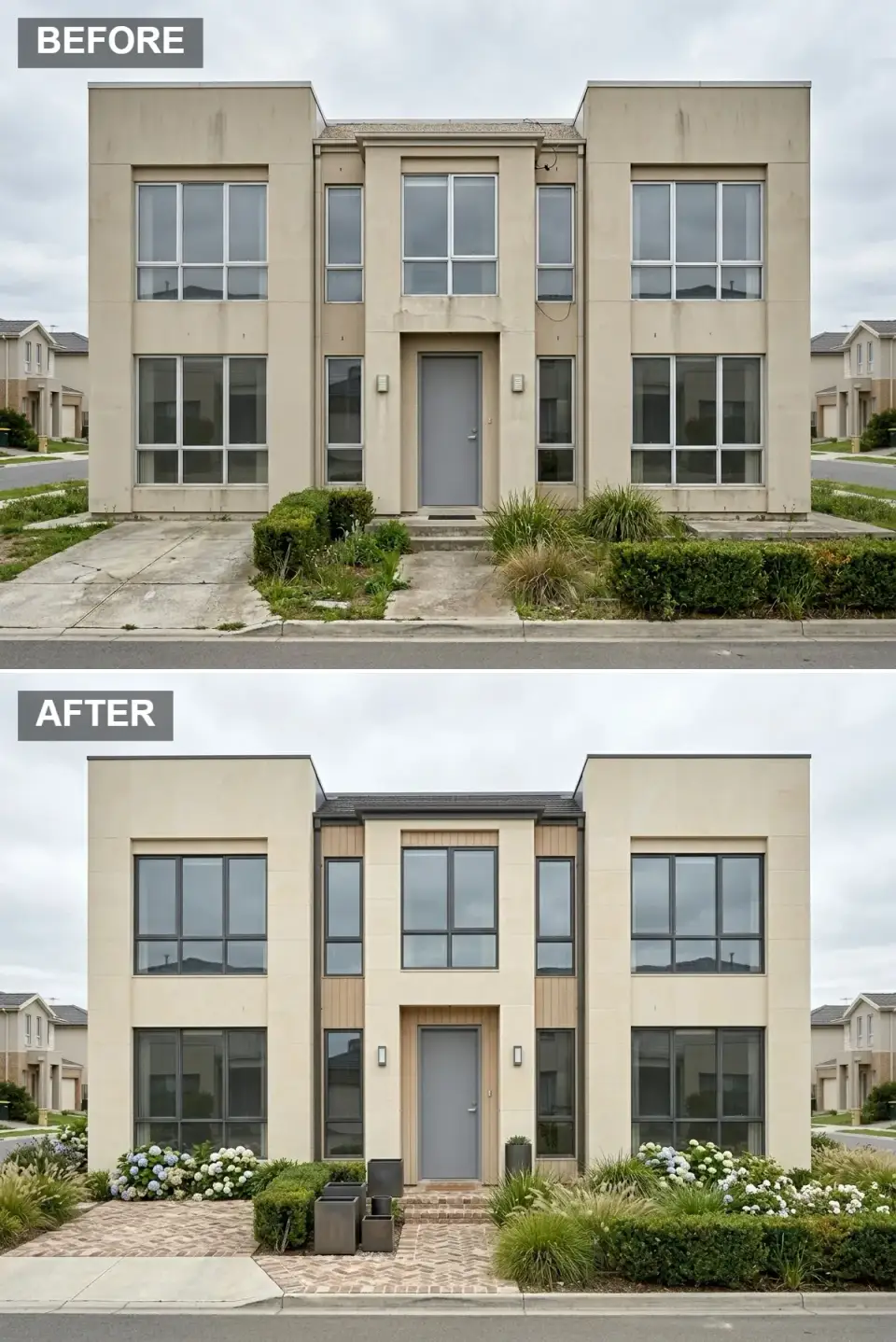 Soft modern cottage villa facade in warm beige panels with light wood slats, blue and white hydrangea borders, and a herringbone brick walkway