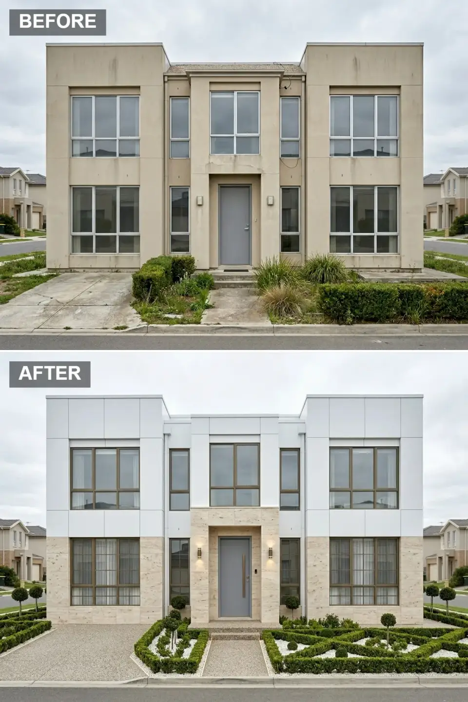 Formal villa facade in a white panel system with a travertine limestone base, bronze window frames, and a symmetrical boxwood parterre garden