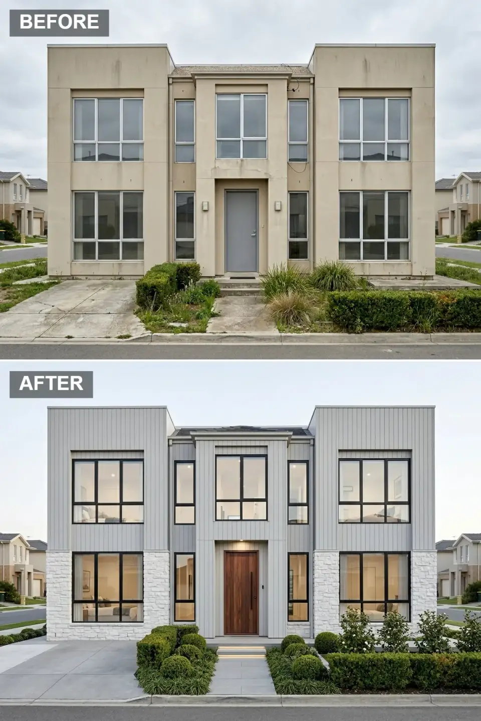 Coastal contemporary villa facade with pale gray vertical siding, white stacked stone base, and a walnut entry door replacing dated stucco