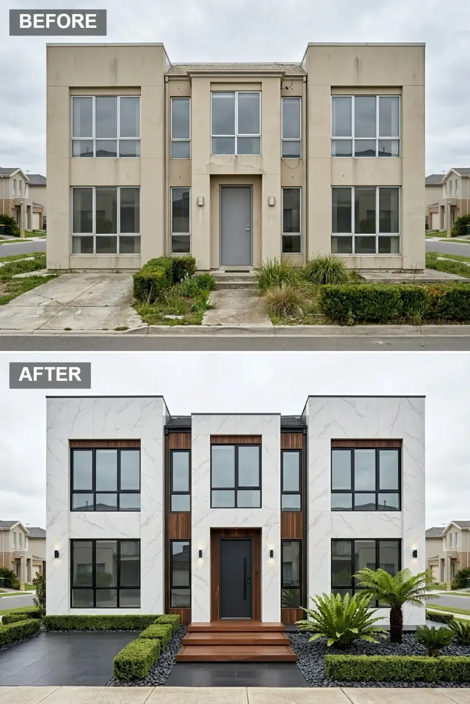 Luxury villa facade clad in large-format white marble-look porcelain panels with warm timber slat insertions and a charcoal entry door