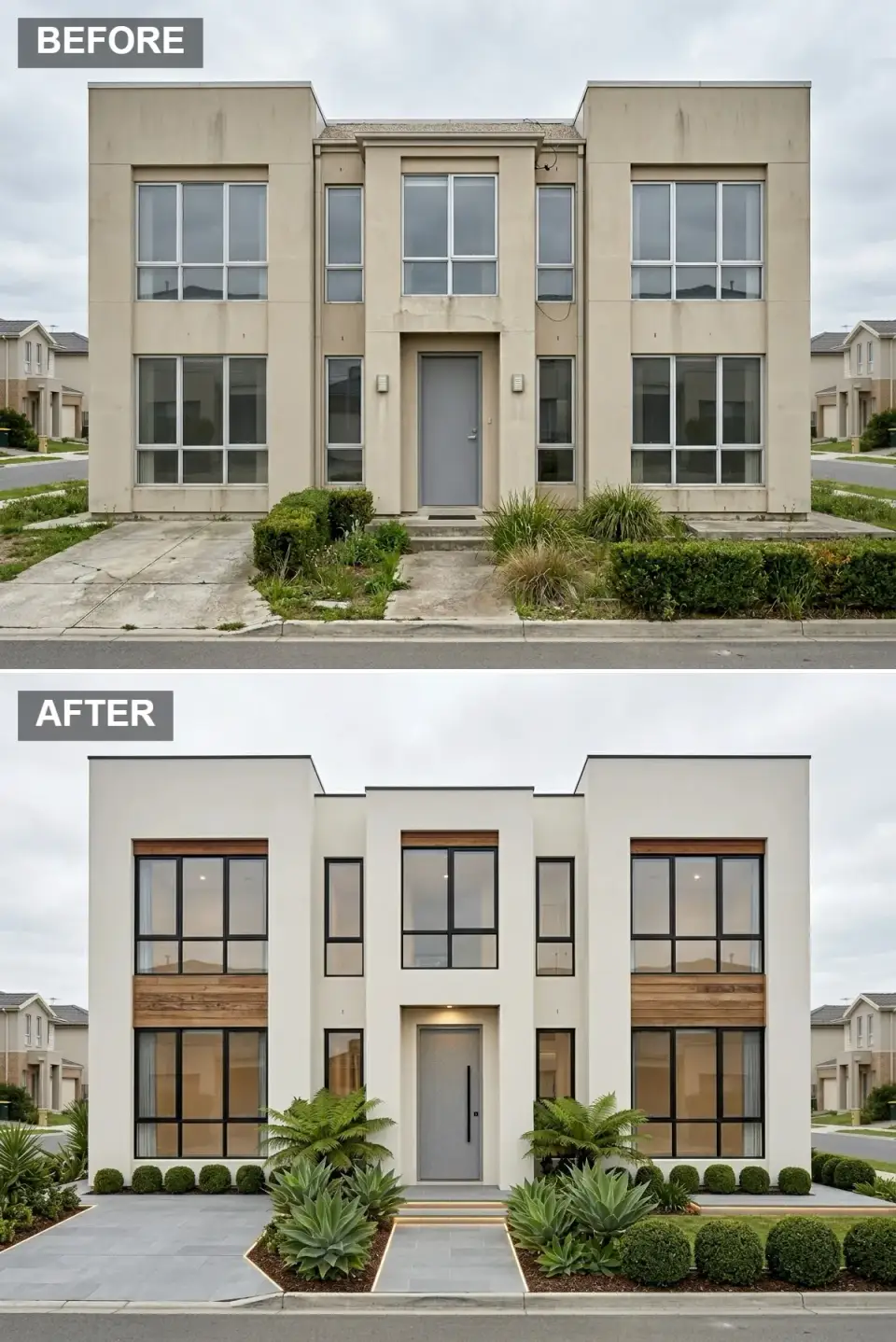 Warm minimalist villa facade in cream render with horizontal timber slat panels, bronze tinted glazing, and drought-tolerant planting