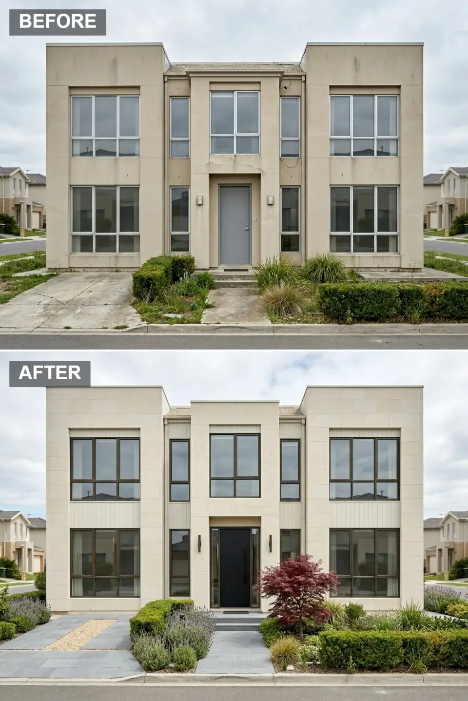 Transitional villa facade clad in honed beige limestone tile with bronze sconces, a black entry door, and a lavender and Japanese maple garden