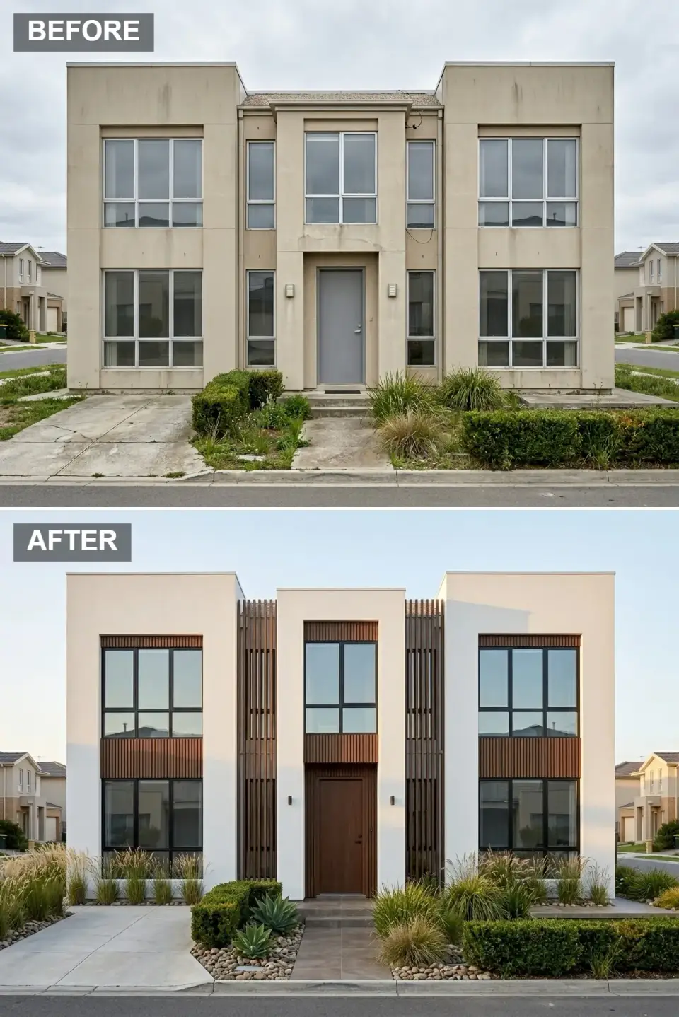 Desert modern villa facade with white plaster volumes, dark vertical timber sun screens, and a xeriscape of agave and feather reed grass