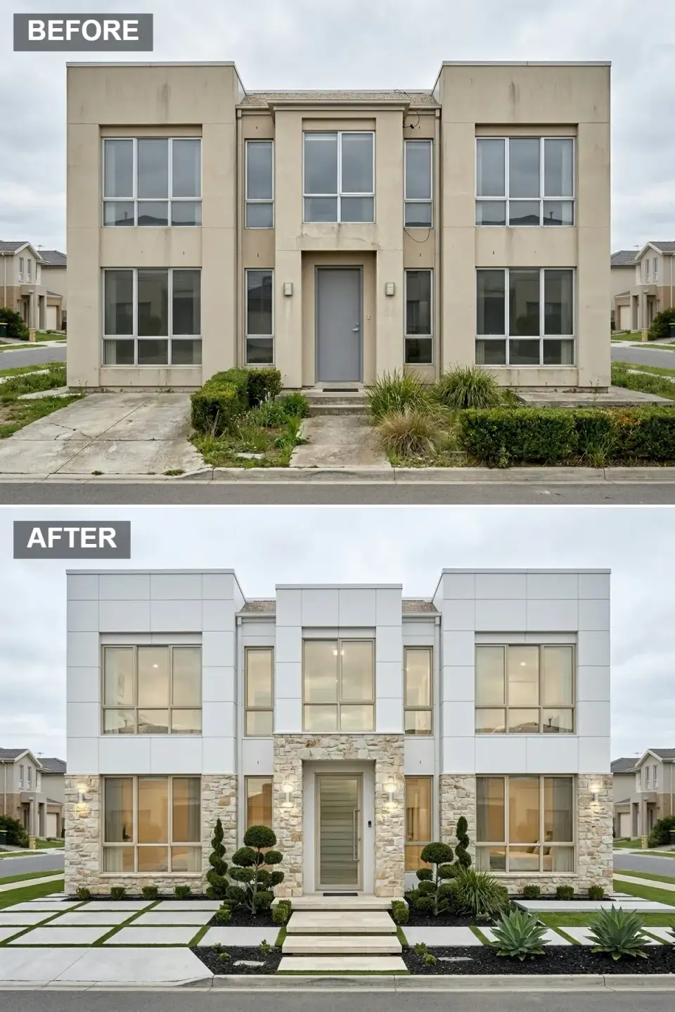 Modern-classic villa facade with pale gray grid panels, cream stacked stone entry portal, reeded glass door, and parterre-style checkerboard landscaping