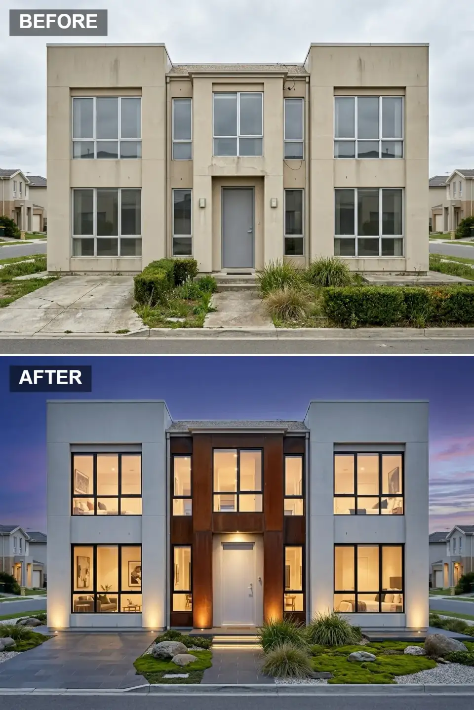 Villa facade restructured with a central two-story Corten weathering steel panel between white rendered volumes and a zen moss garden