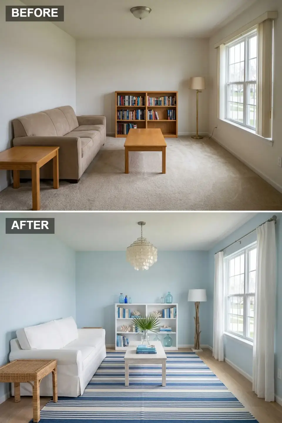 Charleston coastal living room with pale sky blue walls crisp white sectional sofa blue and white striped rug capiz shell chandelier driftwood floor lamp and rattan side table