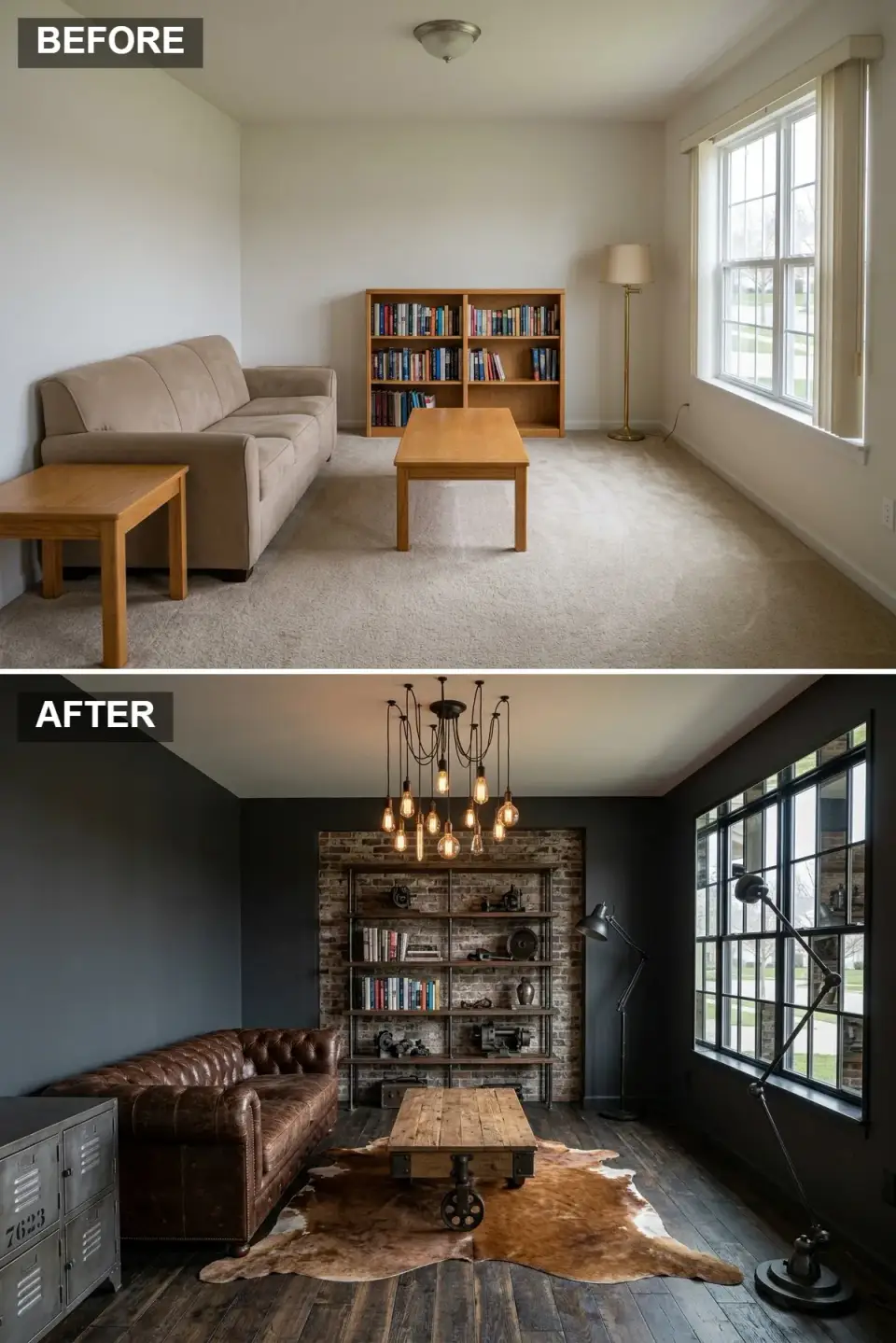 Charleston industrial loft living room with dark charcoal walls brick accent wall industrial pipe bookshelf brown leather Chesterfield sofa reclaimed wood coffee table on casters cowhide rug dark wood floors multi-bulb pendant and metal floor lamp
