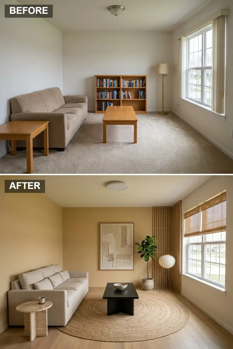 Charleston organic modern living room with warm ochre walls slatted wood screen light beige sofa round black wood coffee table travertine side table large round jute rug fiddle leaf fig in corner and rice paper floor lamp