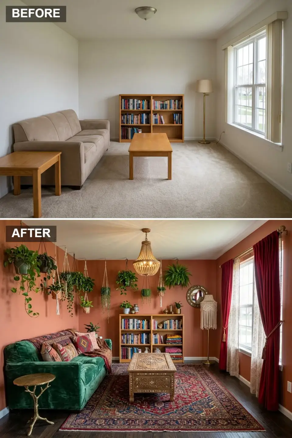 Charleston bohemian jungle living room with rich terracotta walls multiple hanging plants forest green velvet sofa with patterned pillows carved wooden coffee table patterned rug macrame floor lamp and beaded chandelier