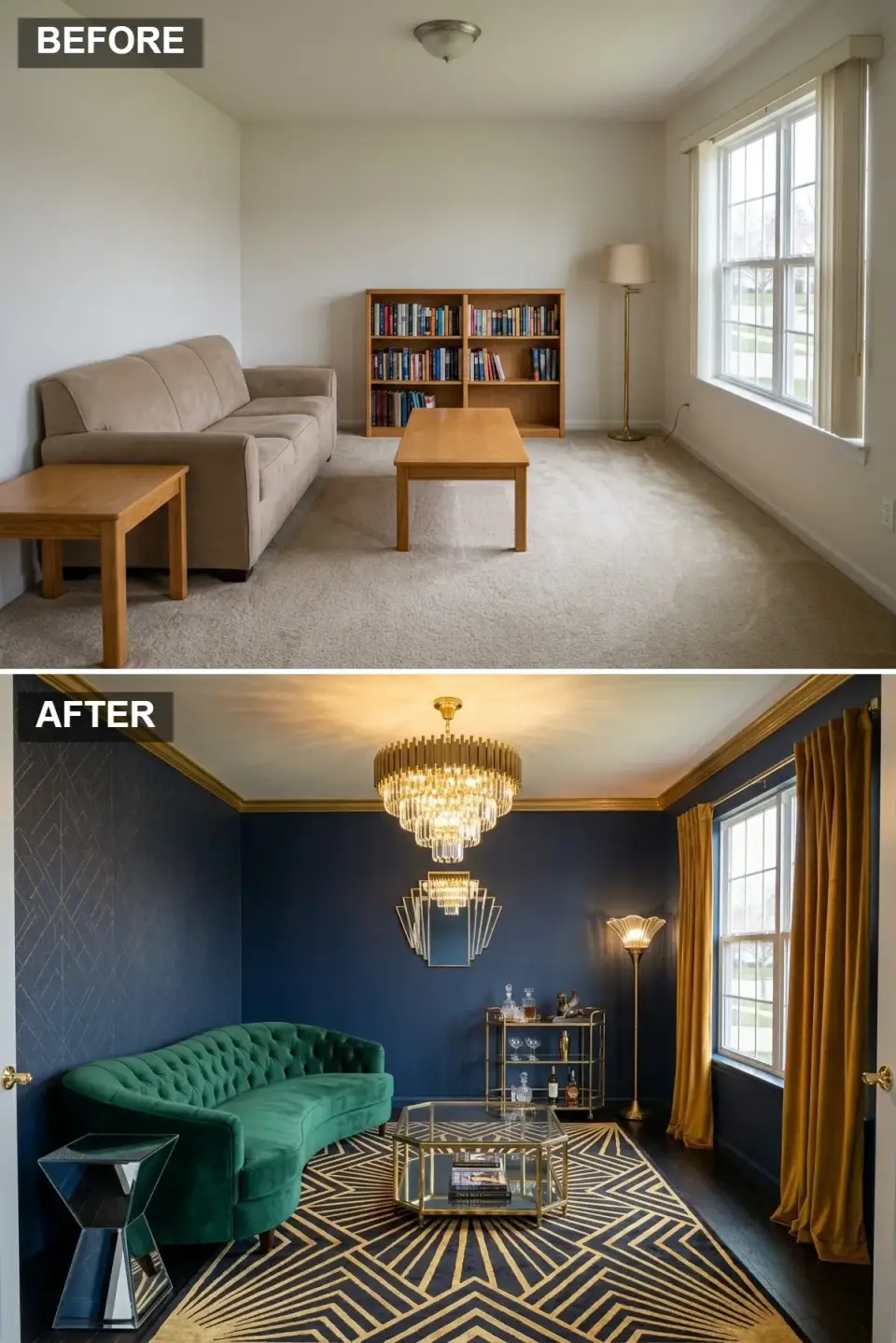 Charleston Art Deco living room with deep navy walls and gold geometric pattern emerald green velvet sofa glass and gold geometric coffee table sputnik chandelier and gold and navy geometric rug