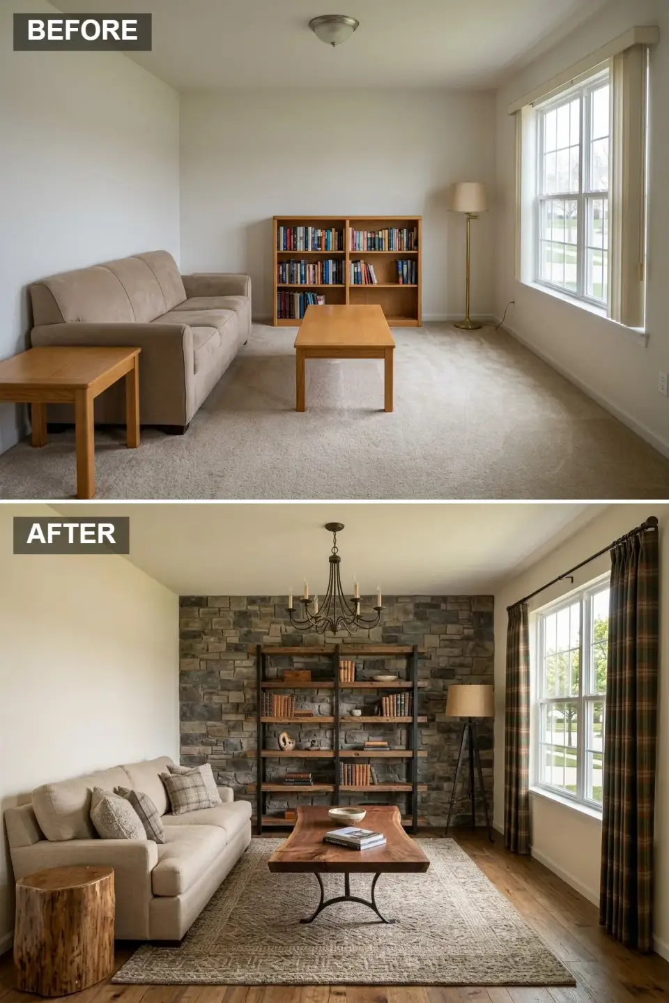 Charleston rustic lodge living room with stone accent wall industrial wooden bookshelf live-edge wood coffee table tree stump side table plaid curtains neutral sofa with patterned pillows and large jute rug