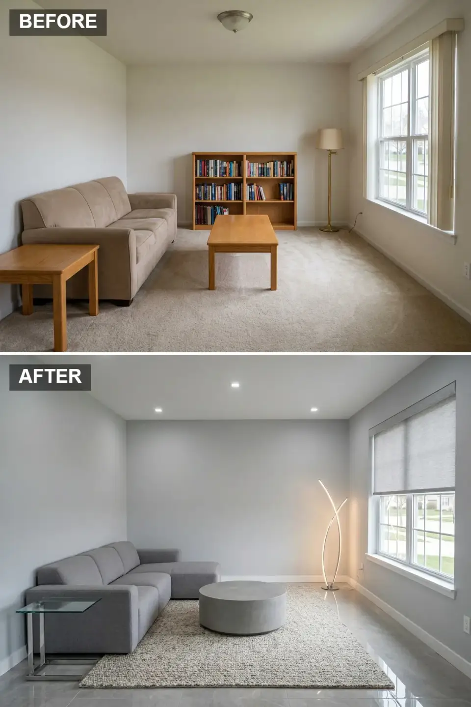 Charleston modern minimalist living room with light grey walls polished concrete floor grey sectional sofa round concrete coffee table sculptural LED floor lamp and floating shelf with single vase