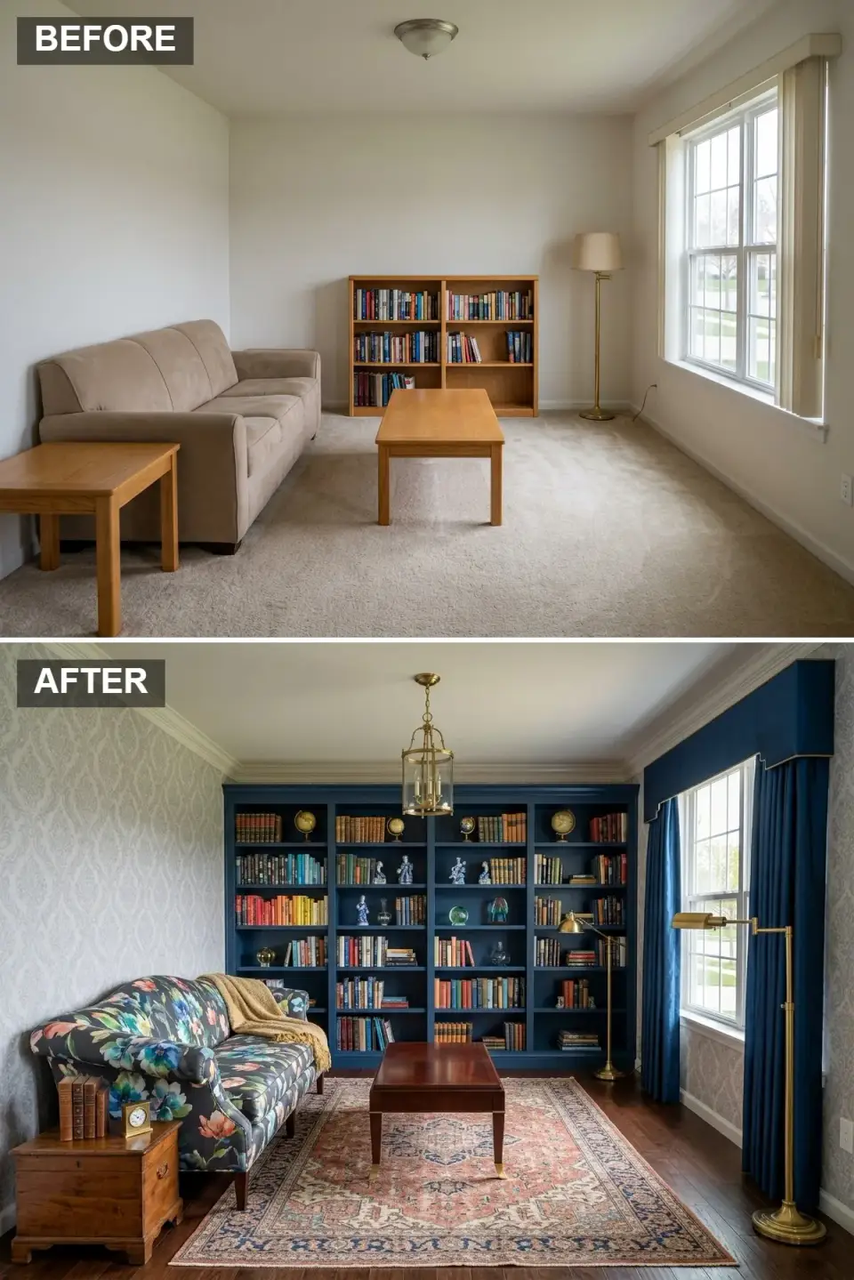 Charleston traditional library living room with massive built-in dark navy bookshelf integrated library ladder floral patterned sofa antique-style rug brass pendant light and small wooden chest side table