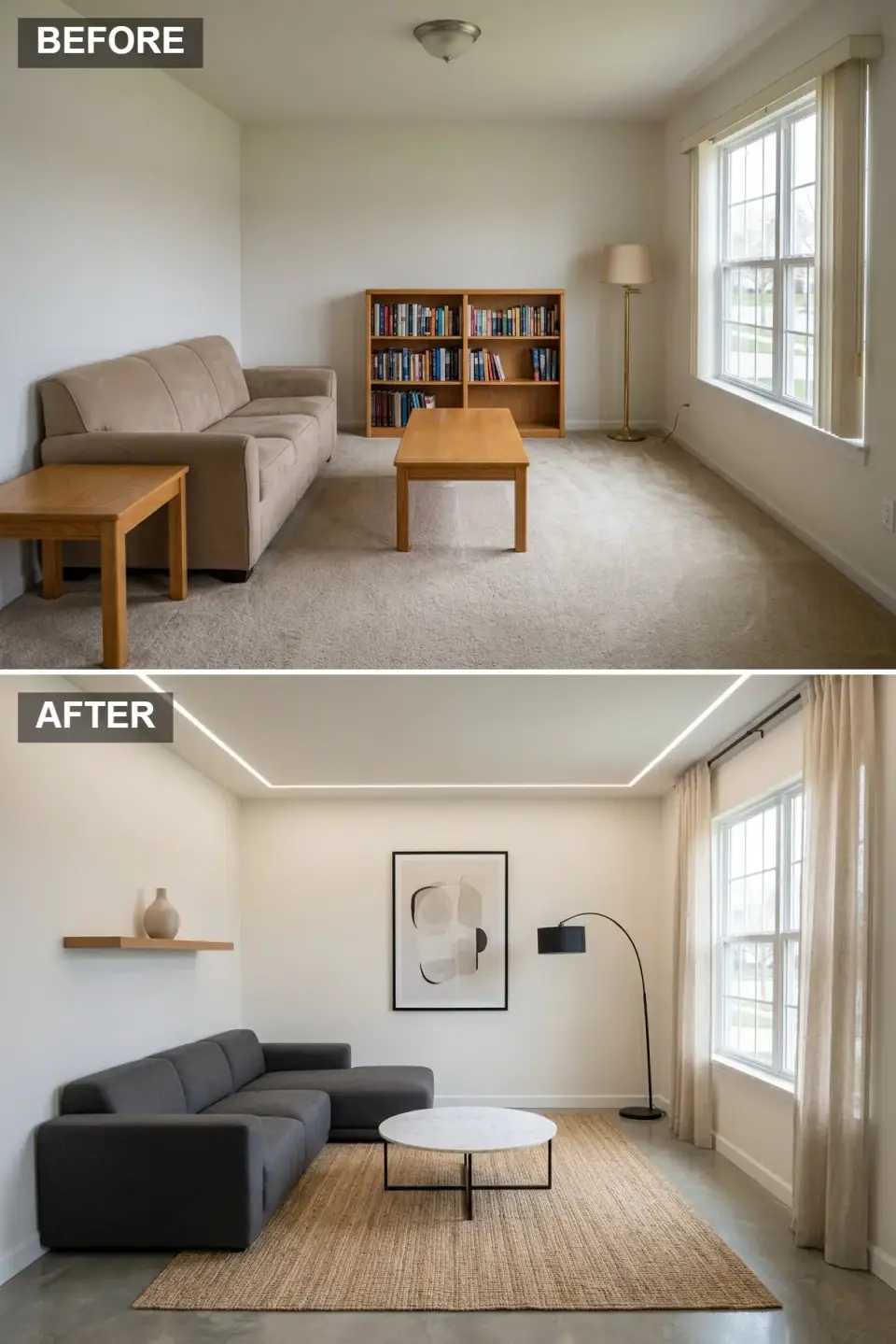 Charleston Scandi-industrial living room with white walls polished concrete floor large jute rug dark grey sectional white marble and black metal coffee table floating wooden shelf abstract art black arc floor lamp and LED ceiling light strip