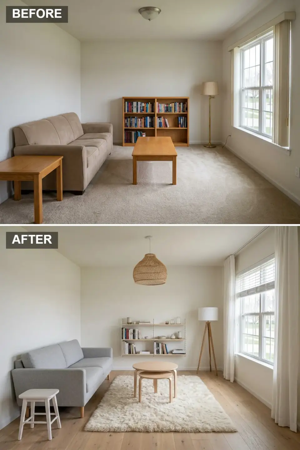 Charleston Japandi living room with light wood floors off-white walls plush high-pile rug light grey sofa nesting wooden coffee tables small white stool minimalist string shelving and woven pendant light