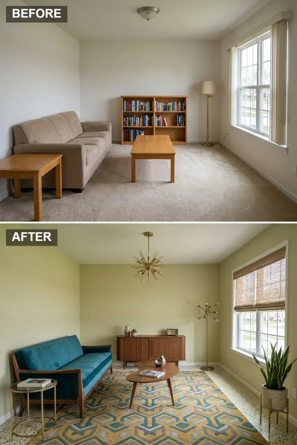 Charleston mid-century modern living room with soft sage green walls terrazzo floor teal velvet sofa with wooden frame kidney-shaped wooden coffee table walnut credenza sputnik chandelier and woven wood window shades