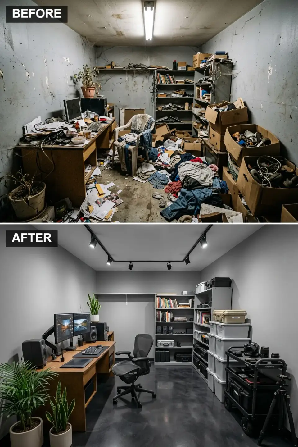Professional editing studio with dark grey walls polished dark concrete floor dual monitor desk heavy metal shelving and track lighting