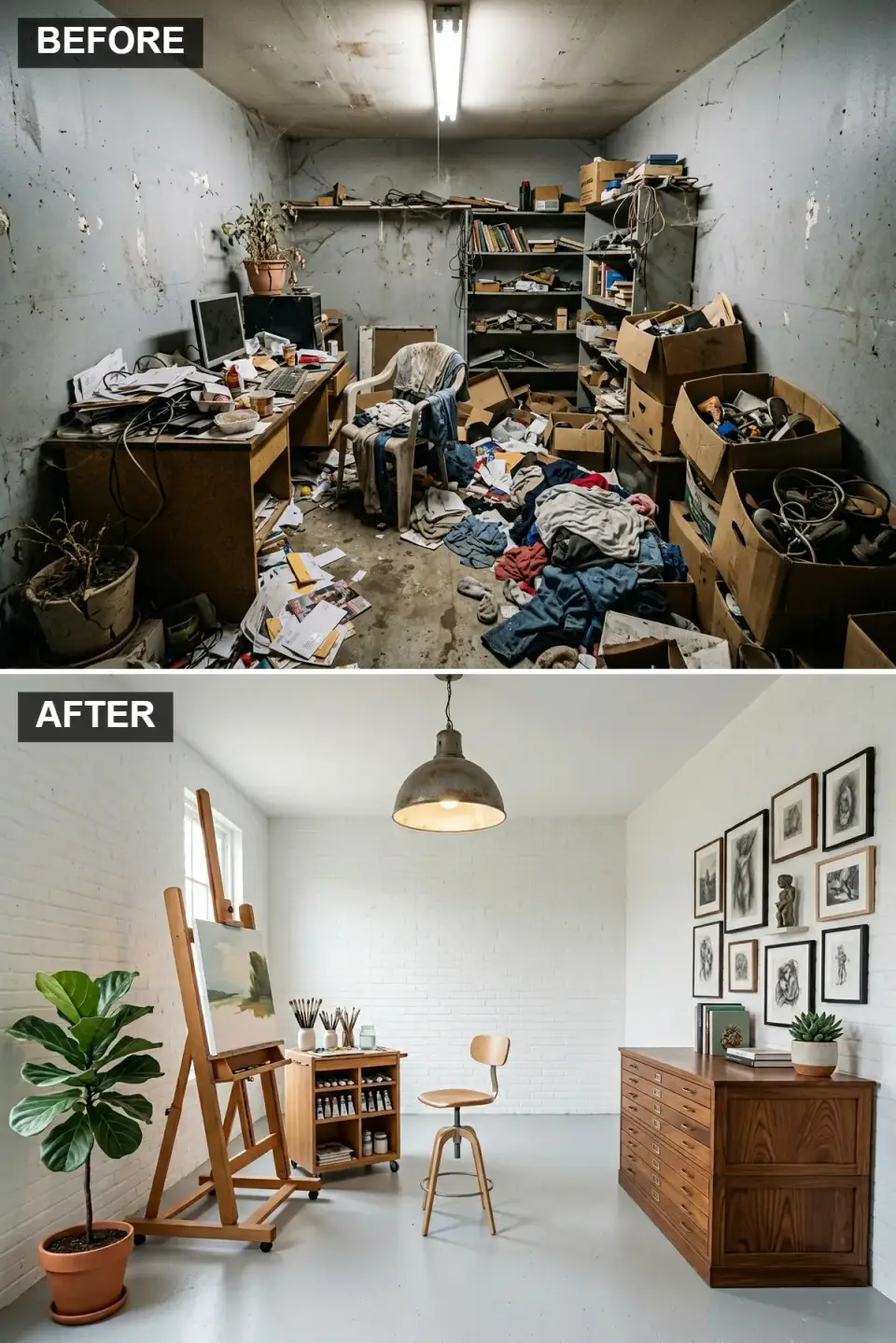 White-painted brick artist's studio with concrete floor wooden easel flat-file cabinet and industrial pendant light