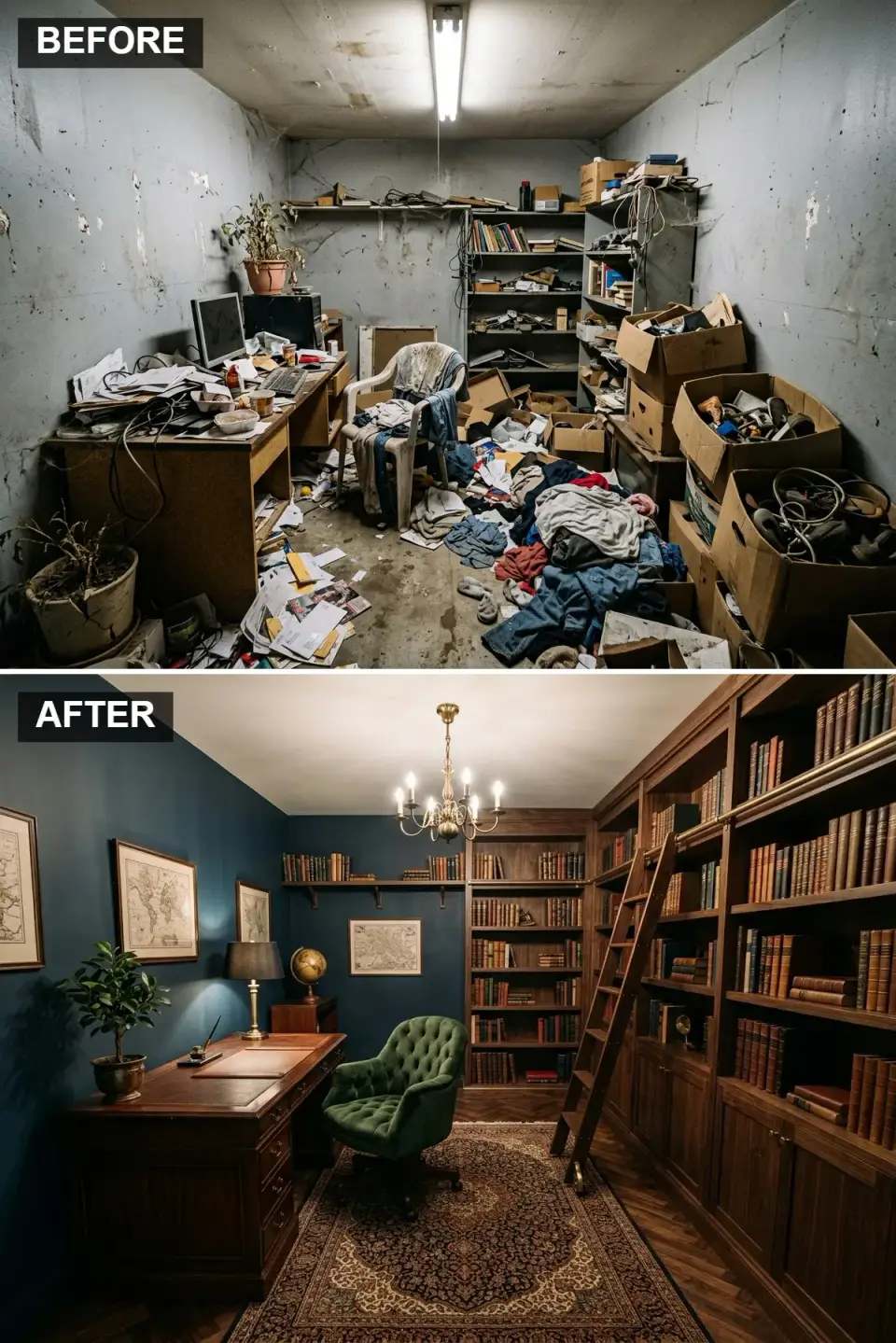 Deep teal library with floor-to-ceiling dark walnut bookshelves library ladder tufted green velvet chair and Persian rug