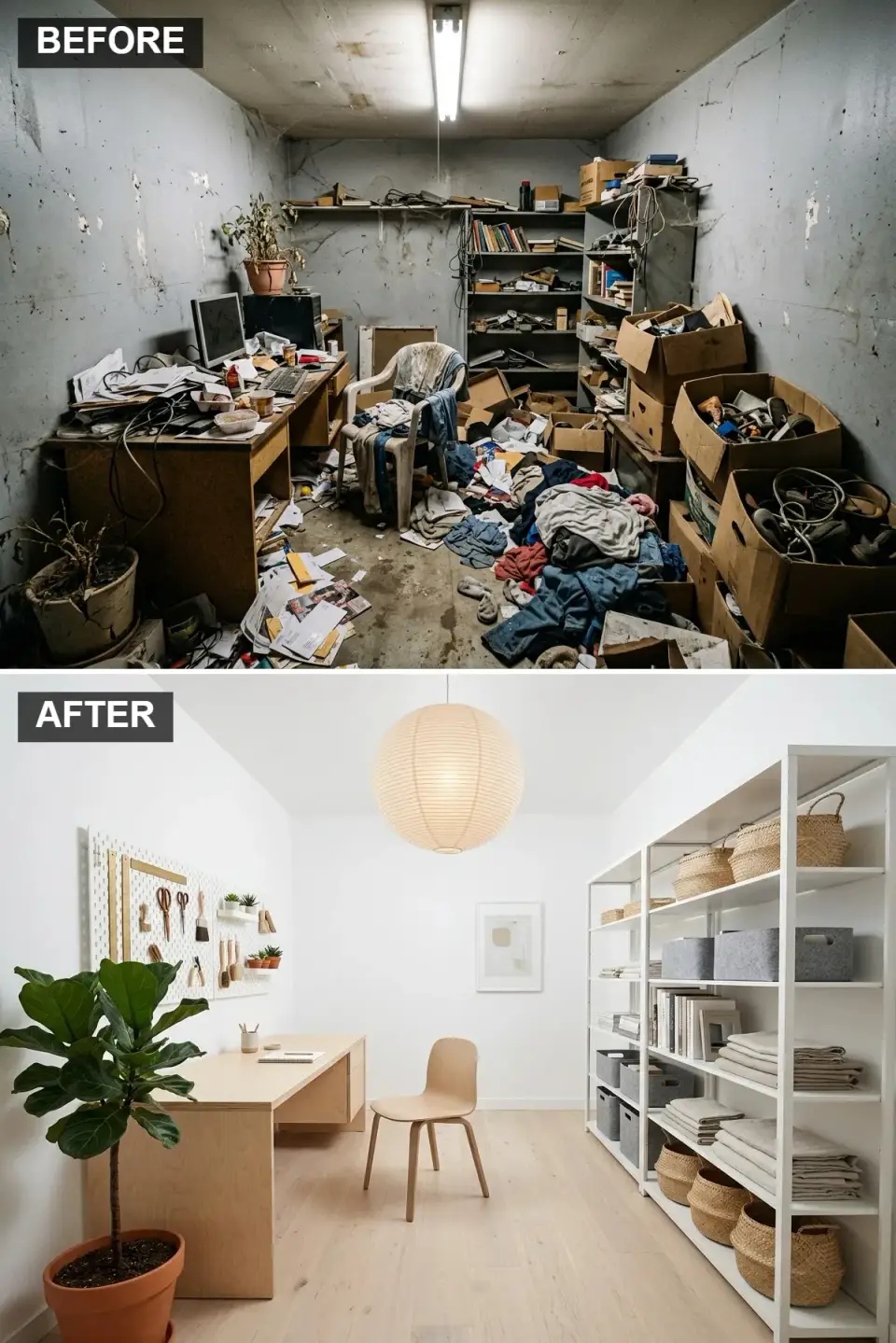 Scandinavian craft room with white walls plywood desk large white pegboard with tools and woven baskets on open shelving