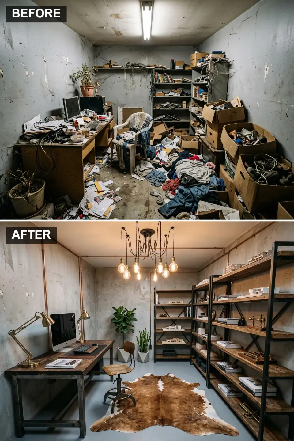 Industrial loft office with exposed concrete walls copper conduit pipe-and-plank desk reclaimed wood shelving and Edison bulb pendants