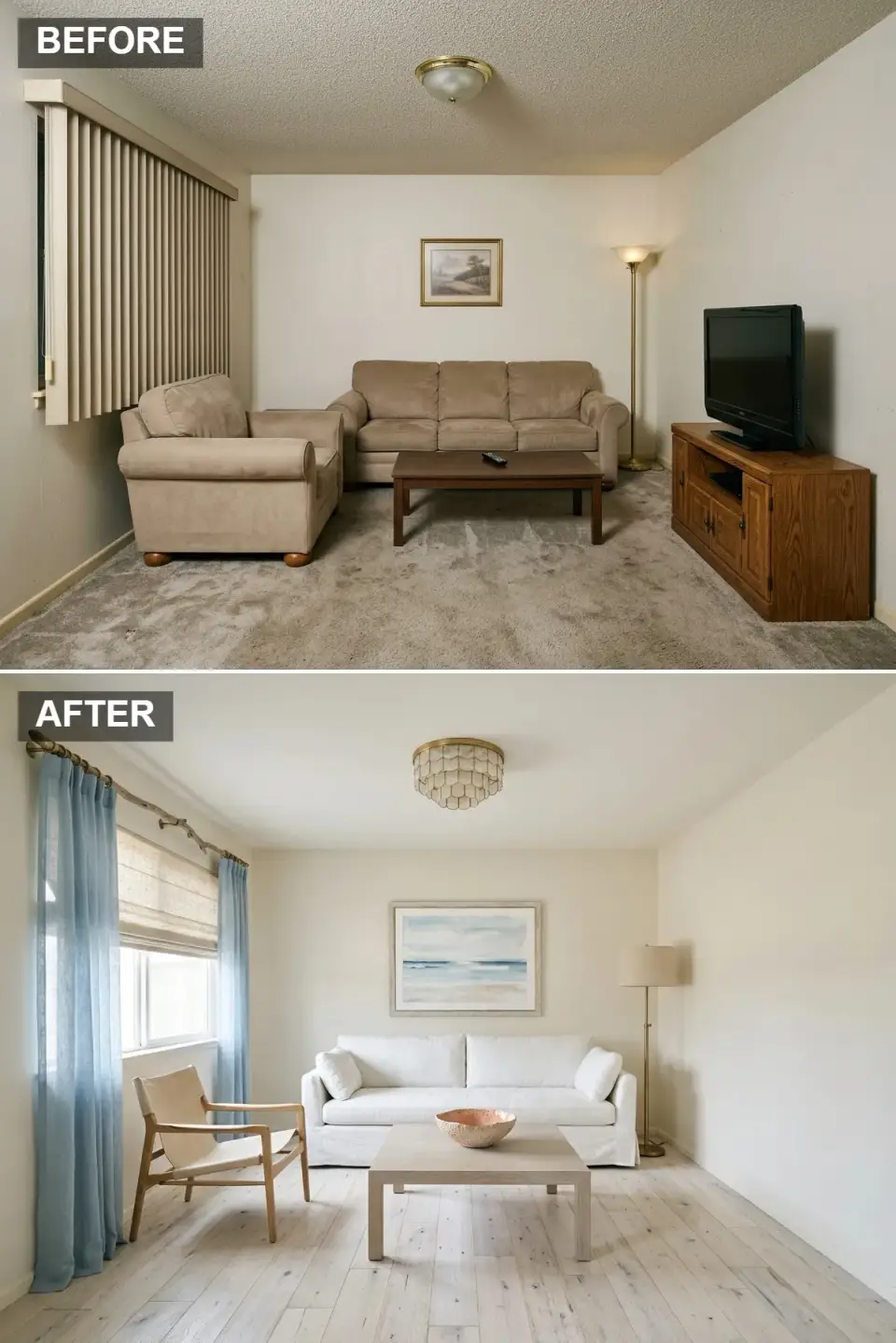 Coastal living room before and after with bleached oak floors, sky-blue sheer curtains, and white slipcovered sofa