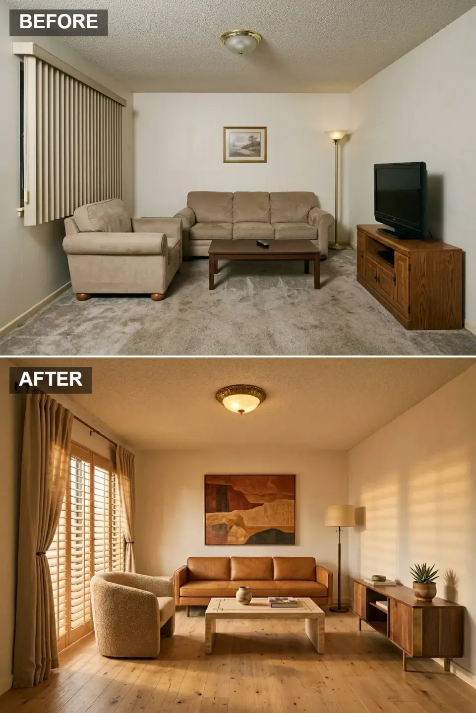 Desert modern living room transformation with pine plank floors, cognac leather sofa, travertine coffee table, and ochre art