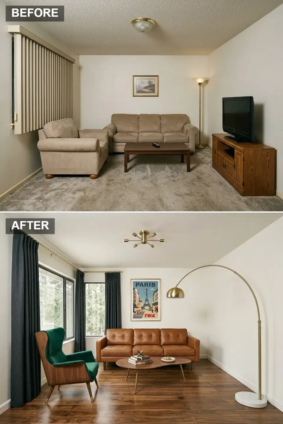 Mid-century modern living room makeover with walnut floors, caramel leather sofa, emerald velvet wingback, and brass arc lamp