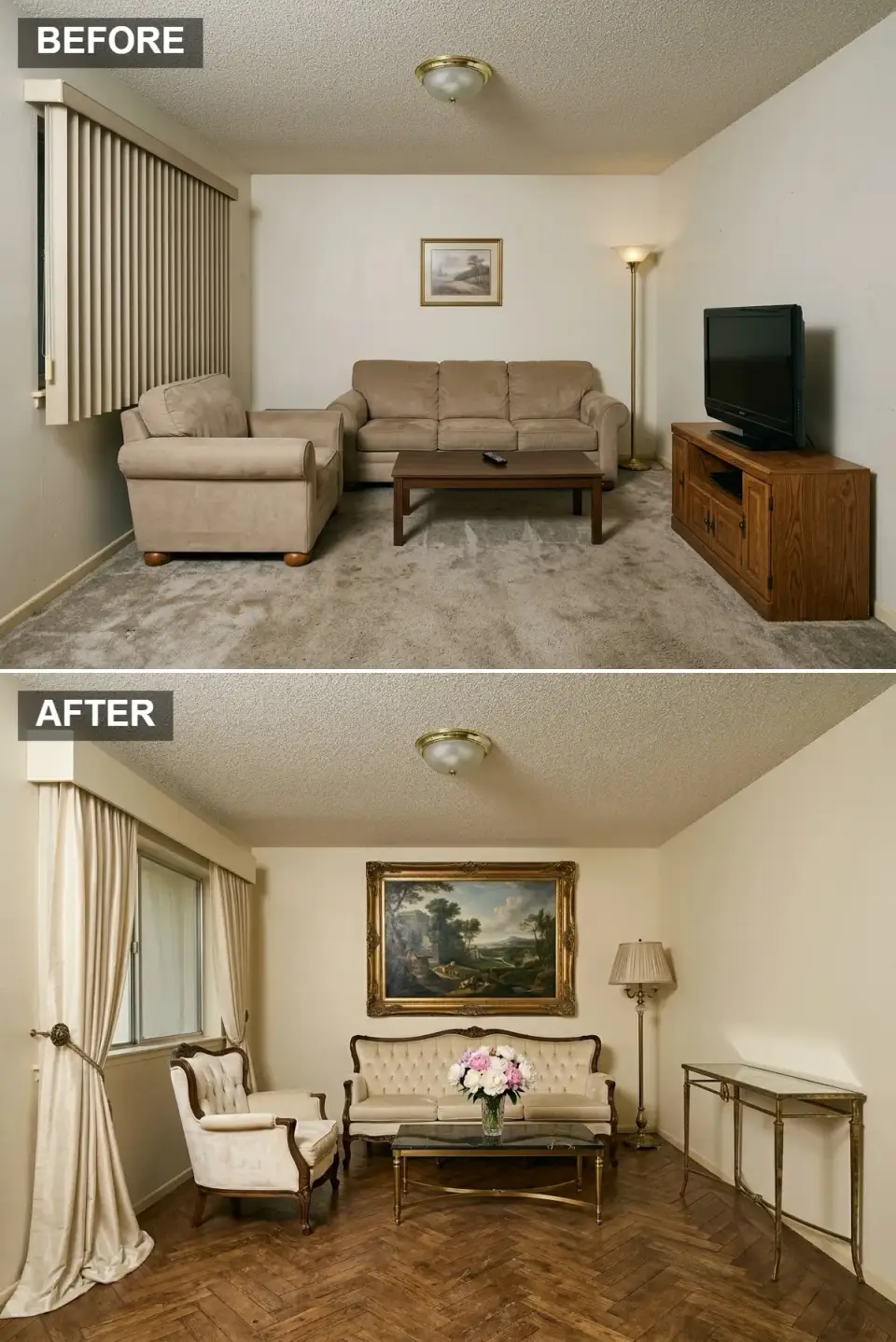 Parisian drawing room makeover with herringbone parquet floors, cream silk settee, bergère chair, and gilt-framed art