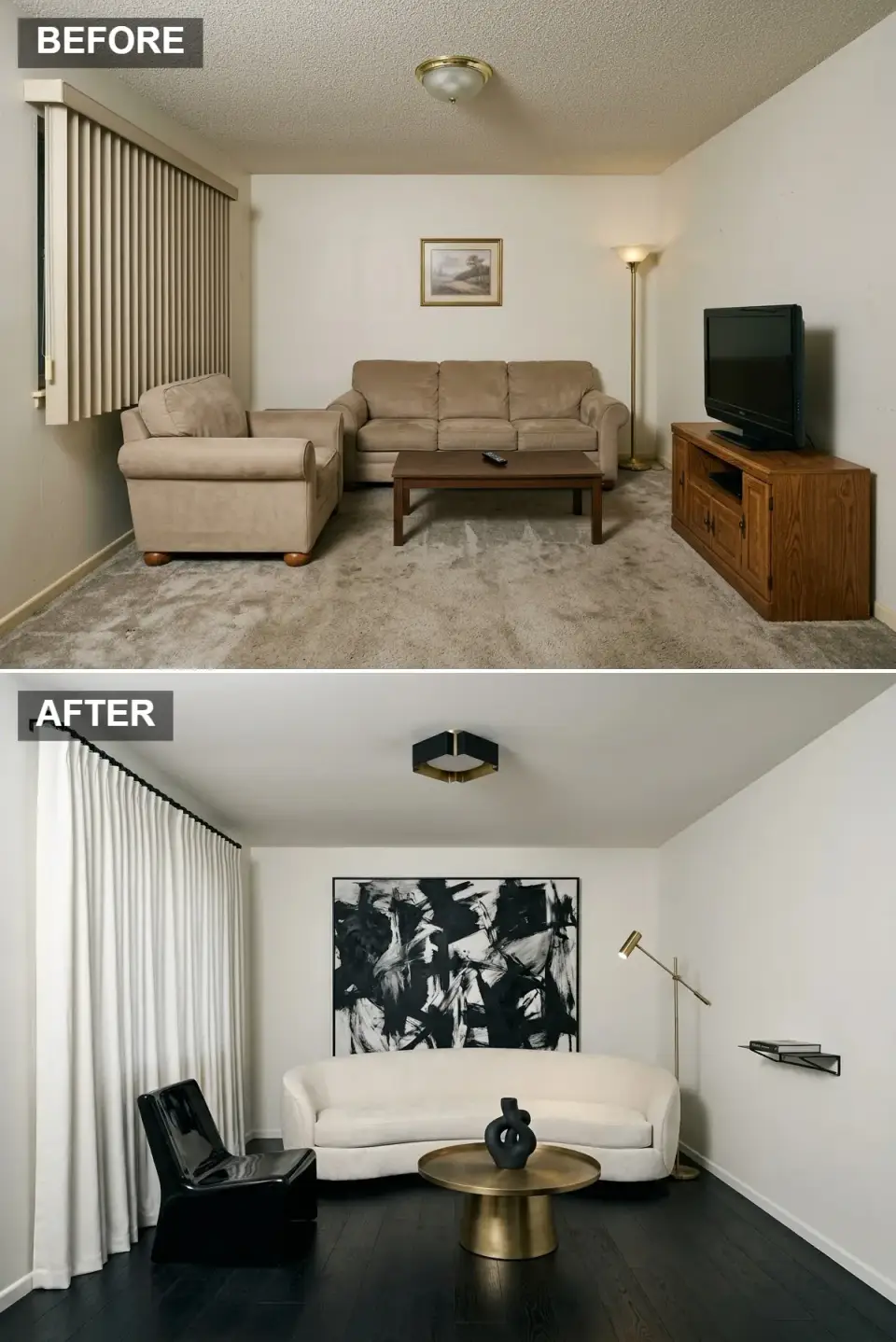 Monochrome black and white living room transformation with ebony oak floors, white boucle sofa, and gestural abstract canvas