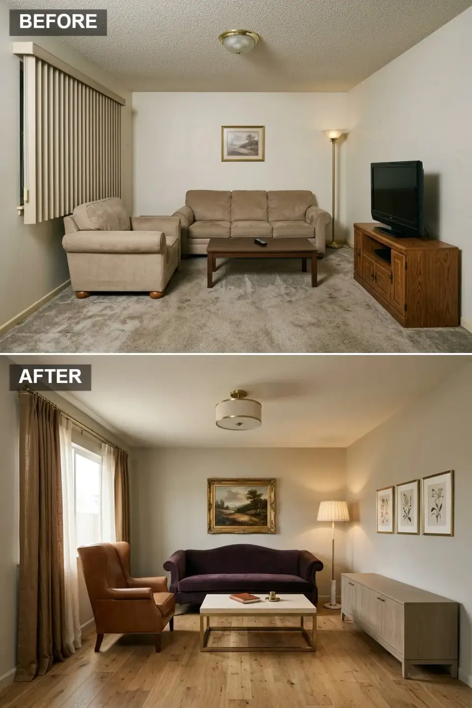 Traditional living room makeover with plum velvet Chesterfield, cognac leather wingback, and marble coffee table