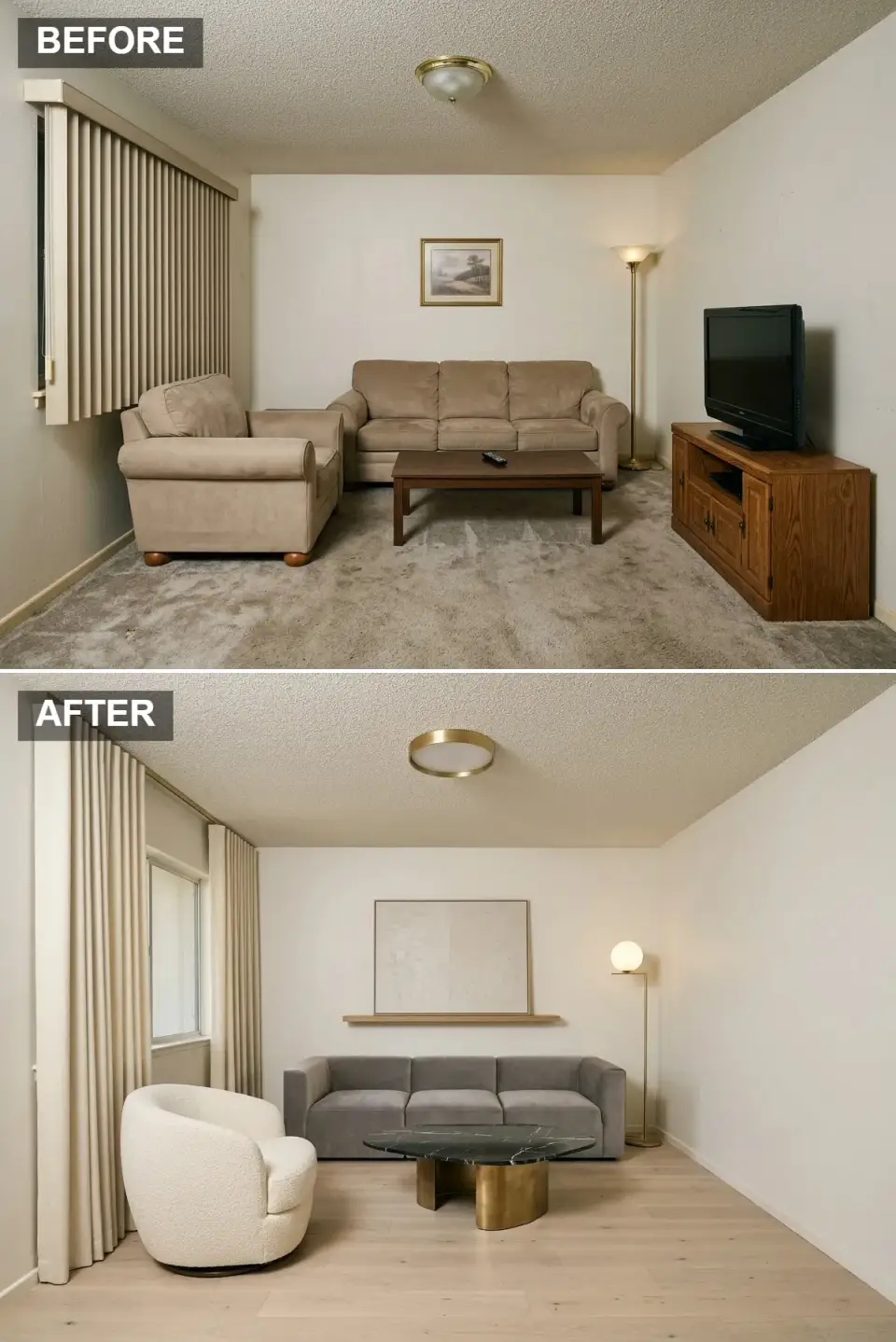 Minimalist living room transformation with gray velvet sofa, white boucle barrel chair, and black marble coffee table