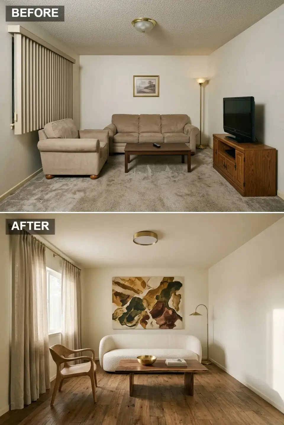 Organic modern living room before and after with walnut floors, boucle loveseat, and ochre abstract painting