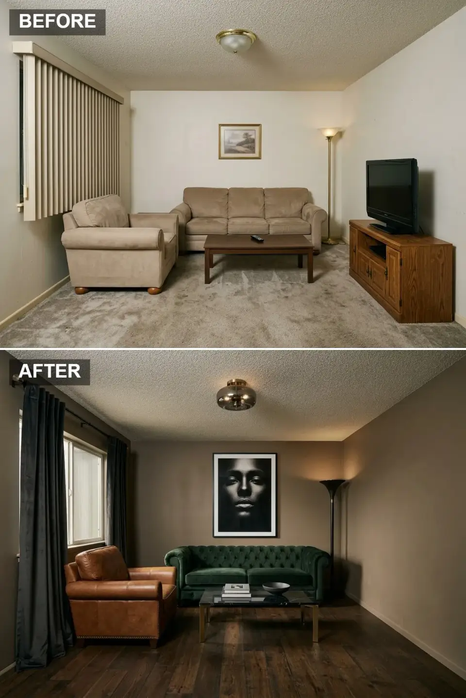 Moody living room transformation with emerald velvet Chesterfield sofa, cognac leather club chair, and dark walls