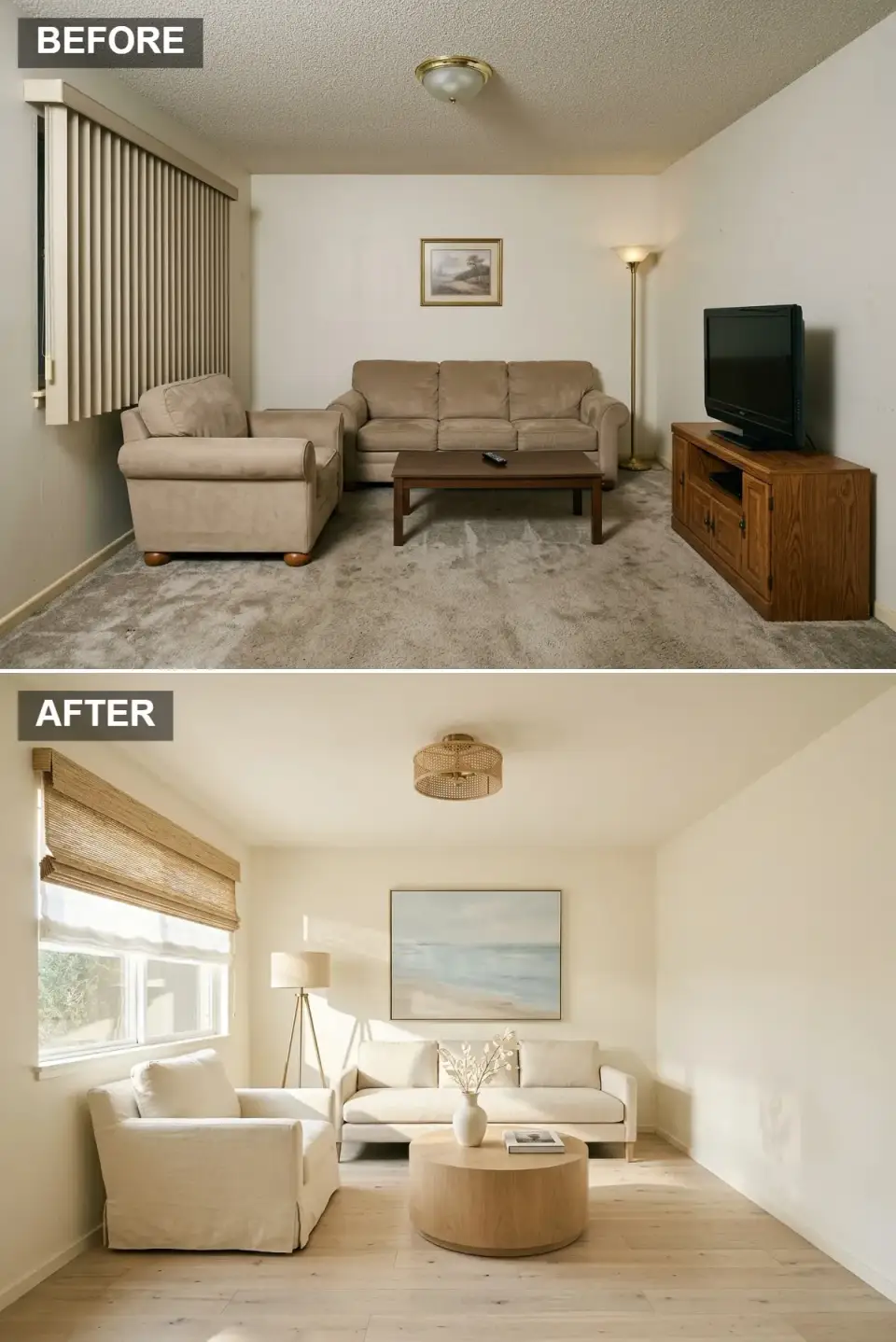 California casual living room makeover with white oak floors, linen sofa, woven shades, and seascape art