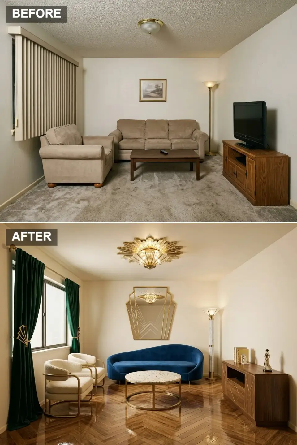 Art Deco living room before and after with herringbone walnut floors, royal blue velvet sofa, and sunburst chandelier